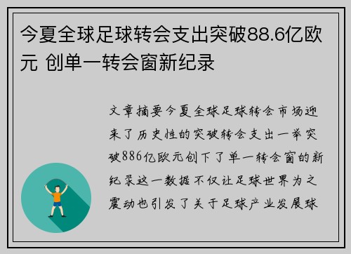 今夏全球足球转会支出突破88.6亿欧元 创单一转会窗新纪录